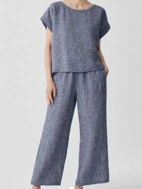 Eileen Fisher Blue-Striped Wide Leg Linen Pants